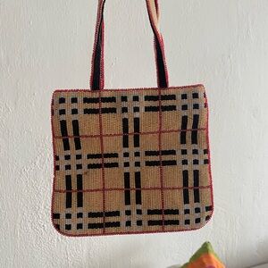 Stylish vintage Tan and Black Checkered beaded mini Bag purse